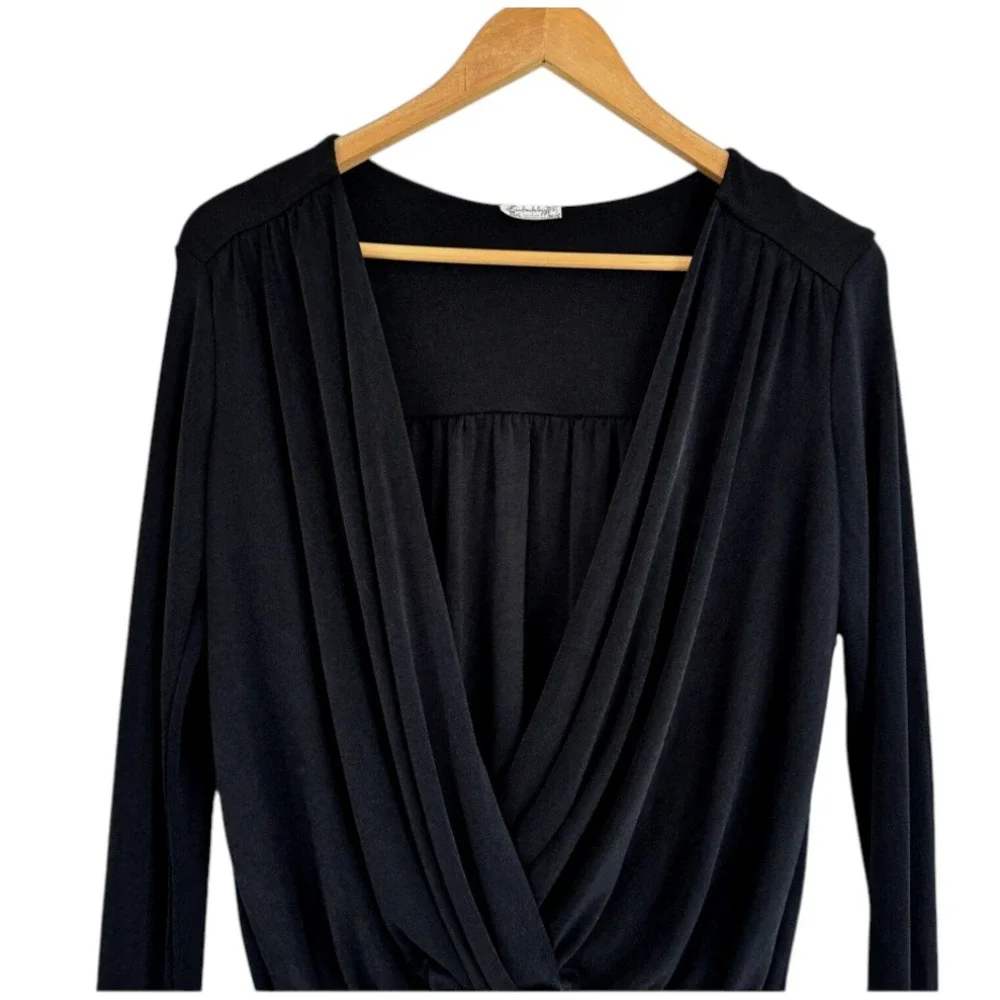 INTIMATELY FREE PEOPLE Black Thick Knit TURNT BODYSUIT TOP Deep V-Neck Thong S